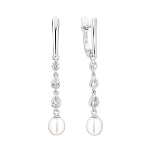 Cercei lungi din argint cu perle naturale albe și cristale, cu tortițe DiAmanti SK25481EL_W-G (Argint 925‰ 3,3 g.)